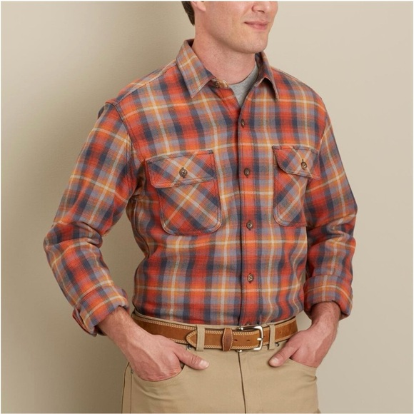 Duluth Trading Co Men's Burlyweight Flannel Shirt Orange 100% Cotton Large Plaid - Picture 1 of 7